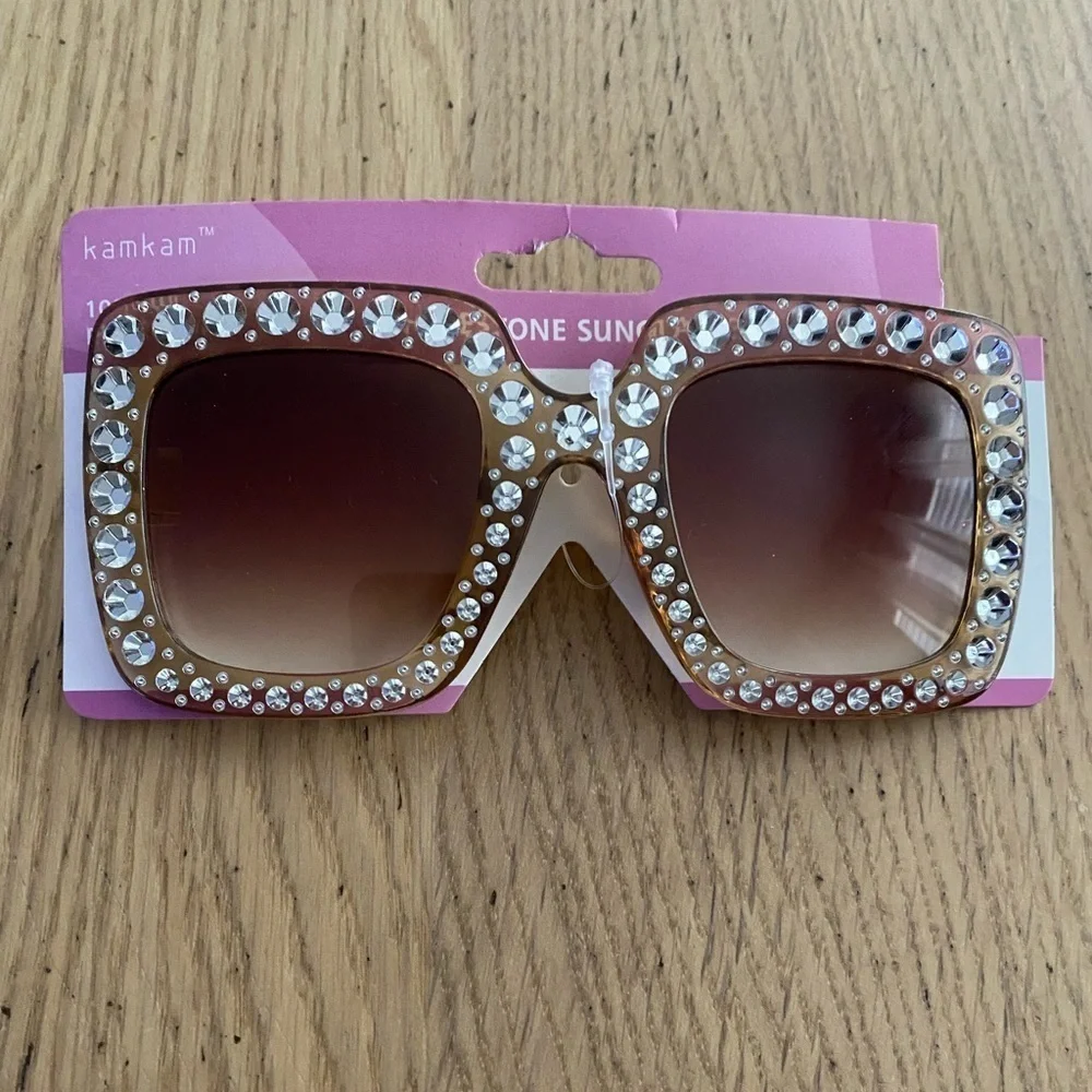 🆕 Women Oversized Rhinestone Sunglasses Square Bling Glasses Tan/Brown🆕